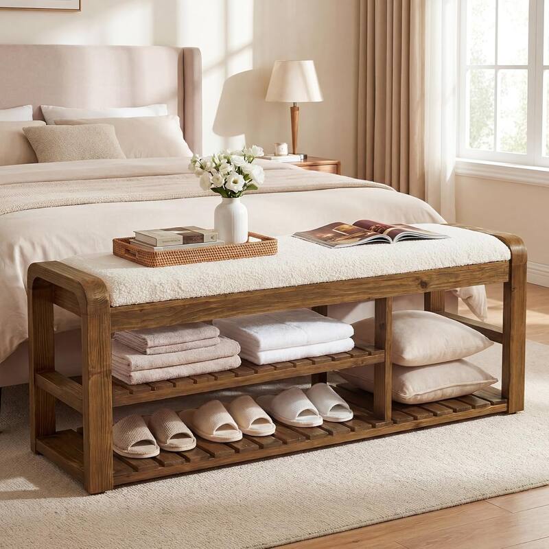 55" Upholstered Bench/Shoe Rack, 3-Tier Solid Wood Entryway Shoe ...